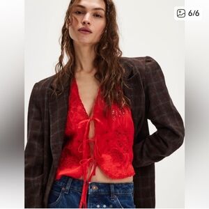 Free People Red Lace Detail Top